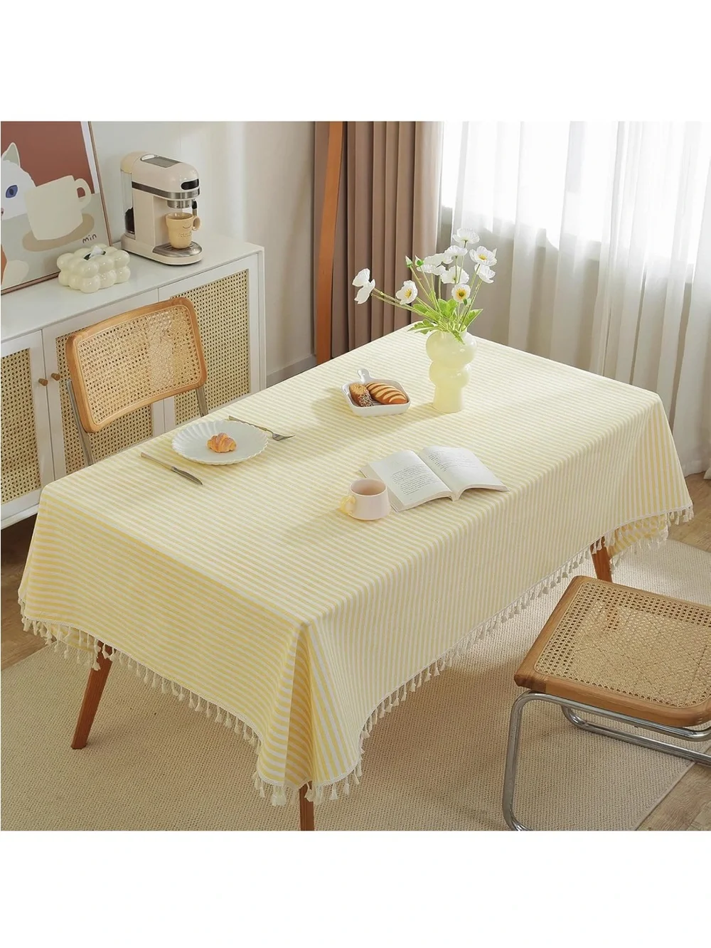 NEW Striped 36” square, cotton blend tablecloth. Yellow & White